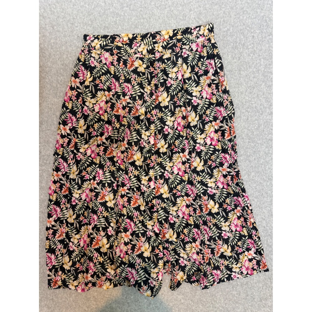 Anna and Frank Vintage 100% Silk Tropical Floral Culottes Black Pink Large FLAW